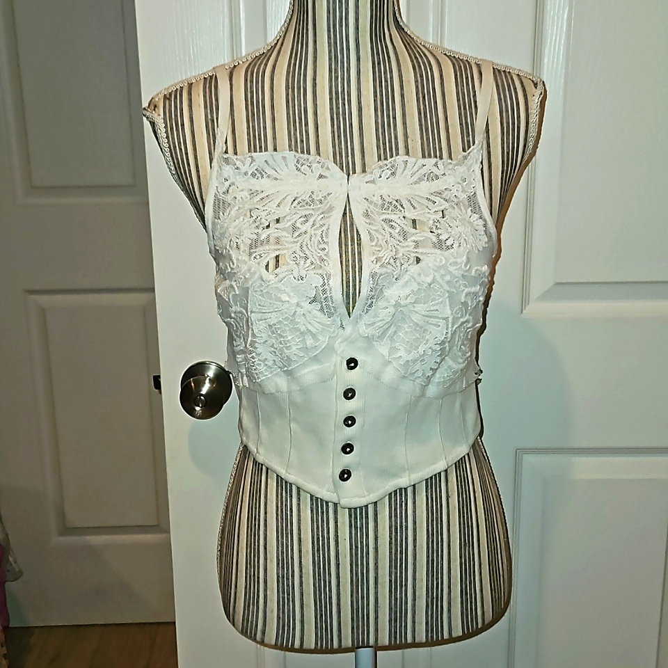 Free People Botton Up Cropped Tank Top Spaghetti Straps Laced Size M 1100 White